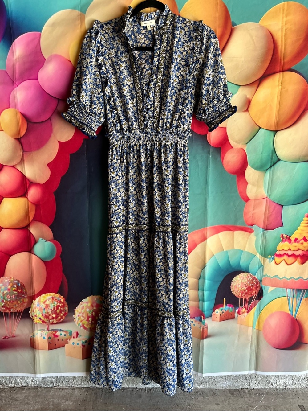 Max Studio Blue Floral Maxi Dress with Smocked Waist